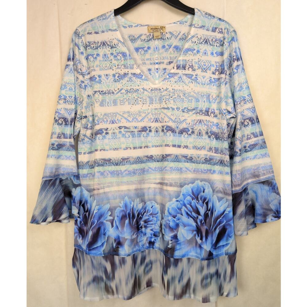 One World blue floral mixed media flare sleeve top Size Med Boho Retro Hippie
